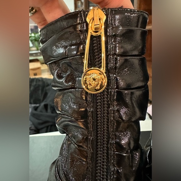 NIB Versace Safety Pin Ruched Ankle Booties Heels Black 37.5 - Picture 8 of 16